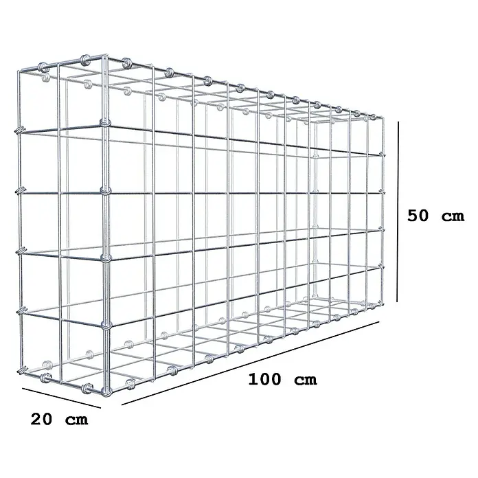 Gabiona Gabione - 100 x 20 x 50 cm, Maschenbreite: 10 cm, Maschenhöhe: 10 cm - Bild einer Gabione mit den Maßen 100 x 50 x 20 cm, ideal für Garten- und Landschaftsbau.