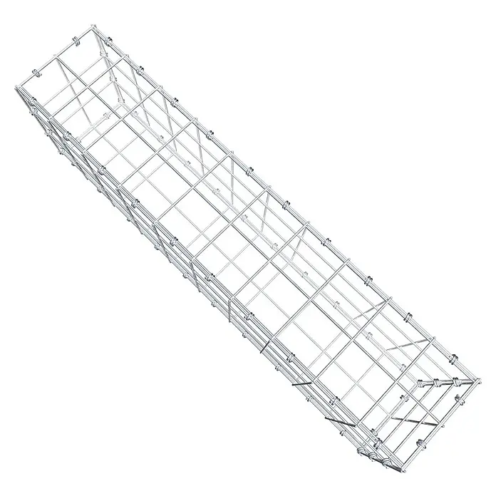Gabiona Gabione - 100 x 20 x 30 cm, Maschenbreite: 10 cm, Maschenhöhe: 10 cm - Draufsicht auf ein rechteckiges, quaderförmiges Raumfachwerk aus Metall, das ein komplexes geometrisches Muster bildet.