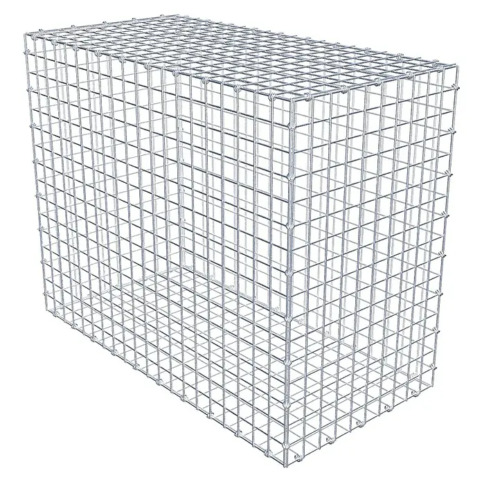 Gabiona Gabione - 100 x 50 x 80 cm, Maschenbreite: 5 cm, Maschenhöhe: 5 cm - Ein detailliertes Bild eines leeren Gabionenkorbs aus Drahtgeflecht, der für den Einsatz im Garten- und Landschaftsbau vorgesehen ist.