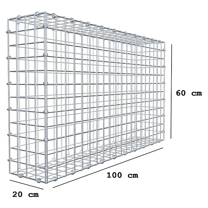 Gabiona Gabione - 100 x 20 x 60 cm, Maschenbreite: 5 cm, Maschenhöhe: 5 cm - Abbildung eines Gabionenkorbs mit den Maßen 100 x 60 x 20 cm, ideal für Gartengestaltung und Landschaftsbau.