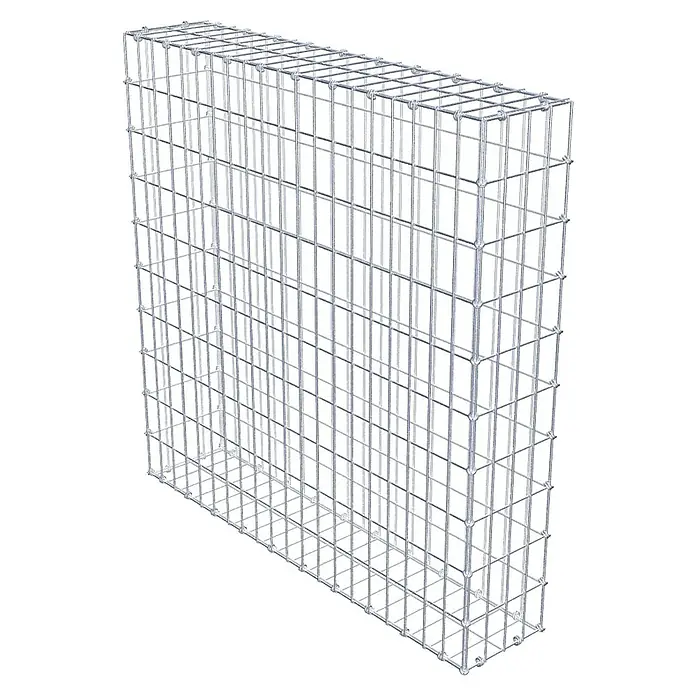 Gabiona Gabione - 100 x 20 x 100 cm, Maschenbreite: 5 cm, Maschenhöhe: 10 cm - Nahaufnahme eines Gabionen-Drahtkorbs, der für Stabilität und Ästhetik im Gartenbau verwendet wird, mit quadratischen Maschen und robustem Design.