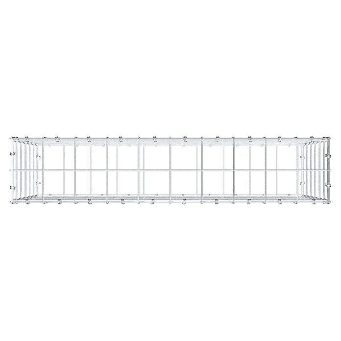 Gabiona Gabione - 100 x 20 x 60 cm, Maschenbreite: 10 cm, Maschenhöhe: 10 cm - Draufsicht auf einen länglichen, rechteckigen Kabelschacht aus Metalldraht mit Befestigungen. Ideal für die Organisation von Kabeln.