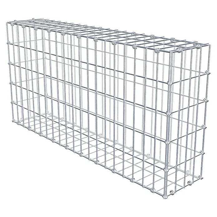 Gabiona Gabione - 100 x 20 x 50 cm, Maschenbreite: 5 cm, Maschenhöhe: 10 cm - Draufsicht eines leeren Gabionenkorbs aus Drahtgeflecht, ideal für den Garten- und Landschaftsbau zur Hangbefestigung oder als Sichtschutz.