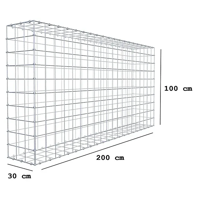 Gabiona Gabione - 200 x 30 x 100 cm, Maschenbreite: 10 cm, Maschenhöhe: 10 cm - Produktansicht eines Gabionenkorbs mit den Maßen 200 x 100 x 30 cm, ideal für Gartengestaltung und als Stützmauer.