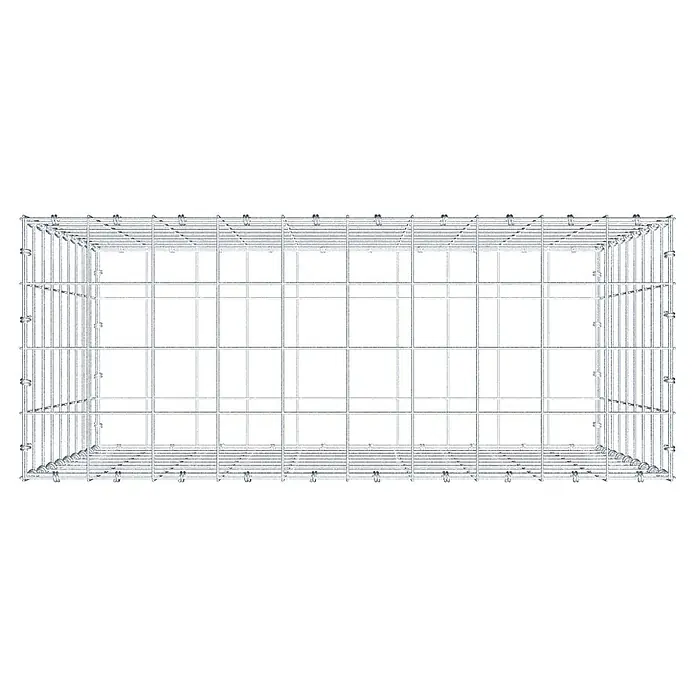 Gabiona Gabione - 100 x 40 x 90 cm, Maschenbreite: 10 cm, Maschenhöhe: 10 cm - Draufsicht auf einen rechteckigen, silberfarbenen Drahtkäfig mit stabilen Metallstreben und sicherem Verschluss für Haustiere.