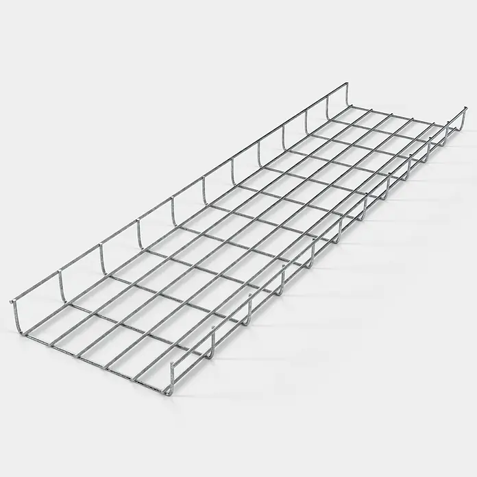 Gabiona Rankgitter - L x B x H: 28 x 5 x 110 cm, Silber, Stahl, Maschenbreite: 5 cm, Maschenhöhe: 10 cm - Draufsicht eines rechteckigen Kabelrinnensystems aus Metalldraht, das eine robuste und offene Lösung für die Kabelführung bietet.