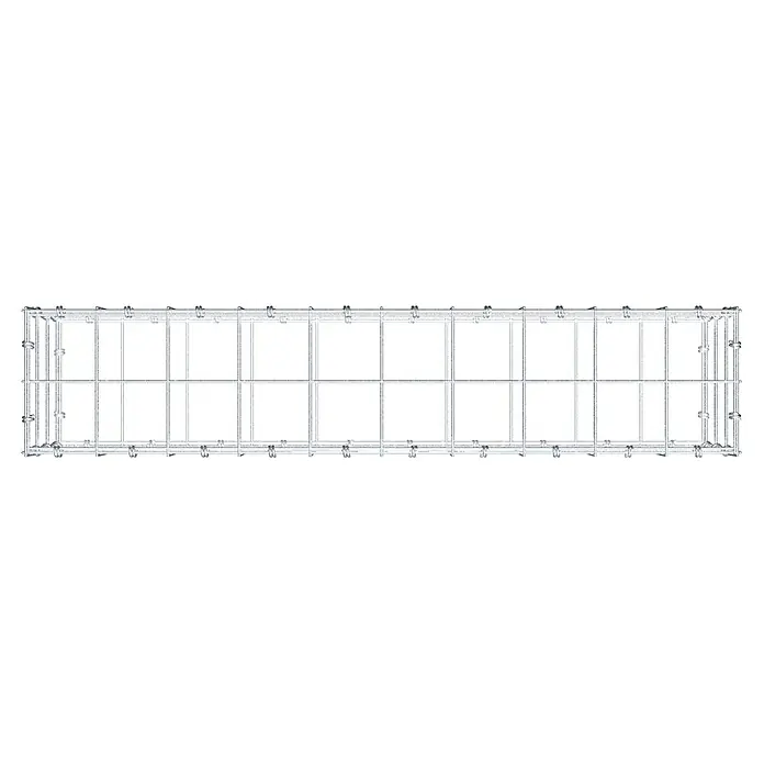 Gabiona Gabione - 100 x 20 x 30 cm, Maschenbreite: 10 cm, Maschenhöhe: 10 cm - Draufsicht eines stabilen, rechteckigen Drahtkäfigs mit robusten Verstrebungen und sicheren Befestigungspunkten für vielfältige Anwendungen.