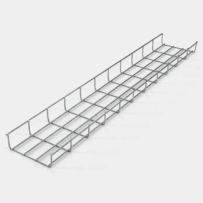 Gabiona Kabelkanal - 18 x 5 x 110 cm, Silber - Draufsicht eines Kabelrinnen-Systems aus verzinktem Drahtgeflecht, ideal für die Organisation und Führung von Kabeln in Industrie- und Gewerbeumgebungen.