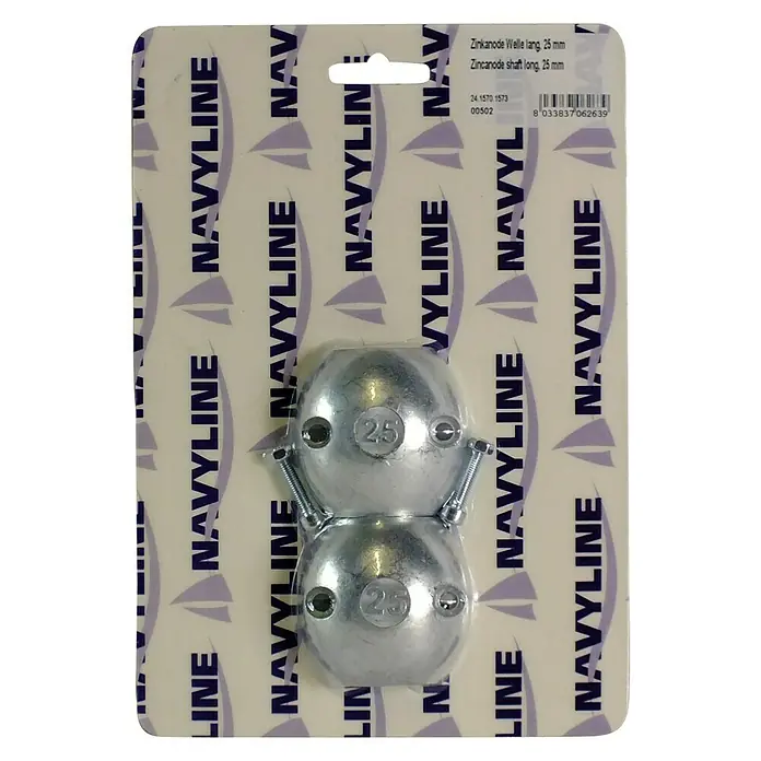 Wellenanode - Zink, Wellendurchmesser: 25 mm, Salzwasser, Schrauben - Das Bild zeigt eine Navyline Zinkanode Welle lang, 25 mm, bzw. eine Zincanode shaft long, 25 mm in ihrer Verpackung.