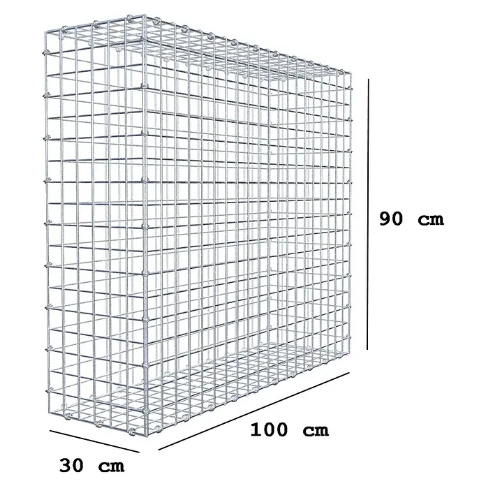 Gabiona Gabione - 100 x 30 x 90 cm, Maschenbreite: 5 cm, Maschenhöhe: 5 cm - Bild eines Gabionenkorbs mit Abmessungen. Der Gabionenkorb ist aus Draht gefertigt und hat eine Länge von 100 cm, eine Höhe von 90 cm und eine Breite von 30 cm.