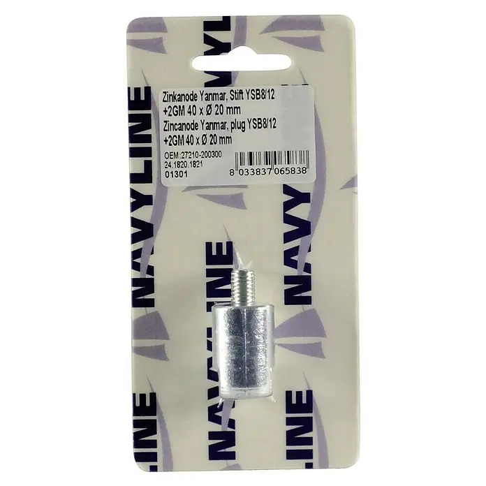 Opferanode - Zink, Ø x L: 20 x 44 mm, Salzwasser, Passend für: Yanmar Motoren 27210-200300 - Yanmar Zinkanode, Stift YSB8/12 + 2GM 40 x Ø 20 mm. Geeignet als Anode für Yanmar-Motoren, schützt Metallteile vor Korrosion.
