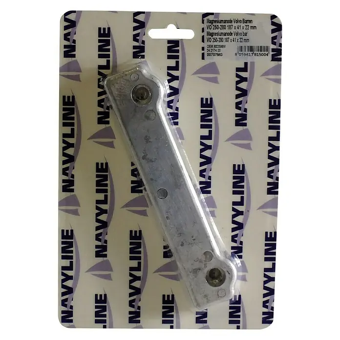 Navyline Opferanode - Magnesium, L x B x H: 130 x 44 x 26 mm, Süß- & Brackwasser, Passend für: Volvo Penta Motoren 280 - 290 - Magnesiumanode Volvo Barren VO 250-280 187 x 41 x 22 mm in Blisterverpackung vor Navyline Hintergrund.