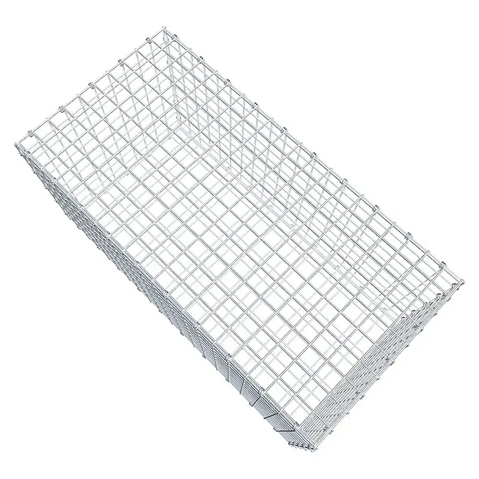 Gabiona Gabione - 100 x 50 x 50 cm, Maschenbreite: 5 cm, Maschenhöhe: 5 cm - Draufsicht auf einen rechteckigen, dreidimensionalen Drahtgitterkorb mit quadratischen Maschen und metallischer Oberfläche.