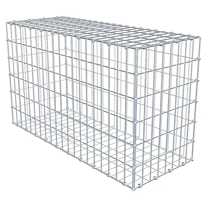Gabiona Gabione - 100 x 40 x 60 cm, Maschenbreite: 5 cm, Maschenhöhe: 10 cm - Das Bild zeigt einen Gabionenkorb aus verzinktem Drahtgeflecht, ideal für den Garten- und Landschaftsbau.