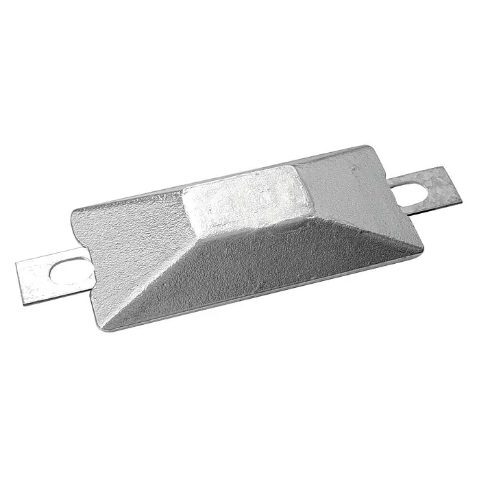 Rumpfanode - Zink, L x B x H: 140 x 82 x 26 mm, Salzwasser, Schrauben - Graues, trapezförmiges Zink-Anodenelement mit zwei hervorstehenden Laschen und einem Loch in jeder Lasche zur Befestigung.