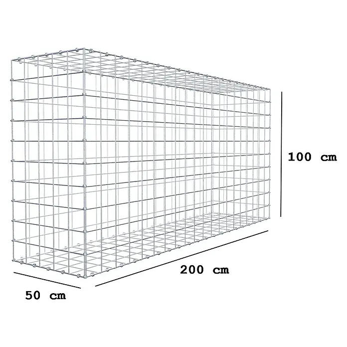 Gabiona Gabione - 200 x 50 x 100 cm, Maschenbreite: 10 cm, Maschenhöhe: 10 cm - Bild einer Gabione mit den Maßen 200 cm Länge, 100 cm Höhe und 50 cm Breite. Ideal für Garten- und Landschaftsbau.