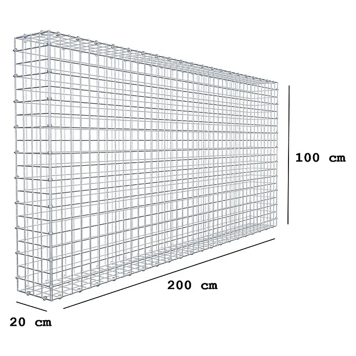 Gabiona Gabione - 200 x 20 x 100 cm, Maschenbreite: 5 cm, Maschenhöhe: 5 cm - Abbildung eines Gabionenkorbs mit den Maßen 200 cm Länge, 100 cm Höhe und 20 cm Breite. Ideal für Garten- und Landschaftsbau.