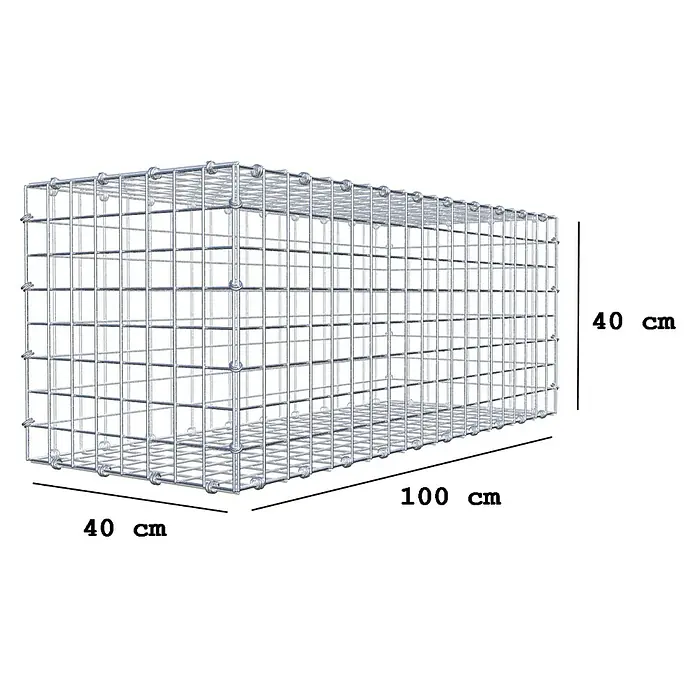 Gabiona Gabione - 100 x 40 x 40 cm, Maschenbreite: 5 cm, Maschenhöhe: 5 cm - Abbildung eines Gabionenkorbs mit den Maßen 40 cm x 40 cm x 100 cm, der sich ideal für dekorative und strukturelle Gartenprojekte eignet.
