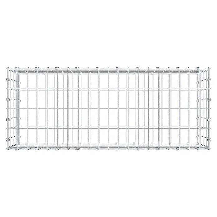 Gabiona Gabione - 100 x 40 x 40 cm, Maschenbreite: 5 cm, Maschenhöhe: 10 cm - Das Bild zeigt eine Drahtgitterbox. Die Box ist rechteckig und besteht aus hellen Metalldrähten, die ein Gittermuster bilden.