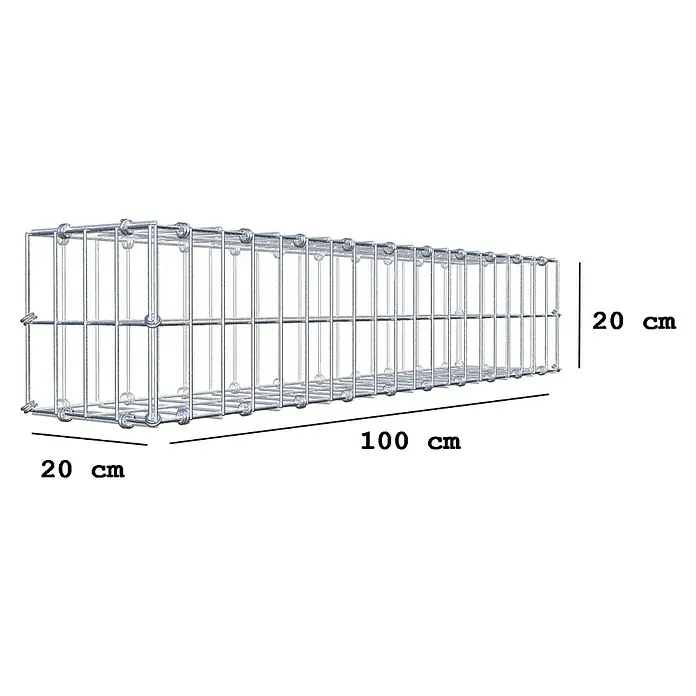 Gabiona Gabione - 100 x 20 x 20 cm, Maschenbreite: 5 cm, Maschenhöhe: 10 cm - Ein länglicher, quaderförmiger Drahtkäfig mit den Maßen 100 x 20 x 20 cm, ideal für den Einsatz im Garten oder als Dekorationselement.