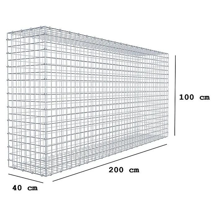 Gabiona Gabione - 200 x 40 x 100 cm, Maschenbreite: 5 cm, Maschenhöhe: 5 cm - Bild einer Gabione, einem Drahtkorb, der mit Steinen oder anderen Materialien gefüllt werden kann. Die Gabione ist 200x100x40 cm groß.