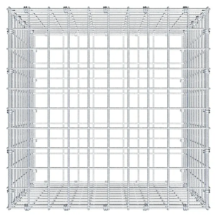 Gabiona Gabione - 50 x 50 x 50 cm, Maschenbreite: 5 cm, Maschenhöhe: 5 cm - Draufsicht auf einen leeren Gabionenkorb aus verzinktem Drahtgitter, bereit zur Befüllung mit Steinen.