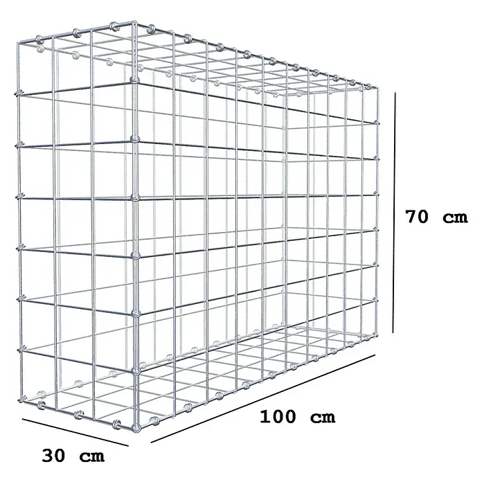 Gabiona Gabione - 100 x 30 x 70 cm, Maschenbreite: 10 cm, Maschenhöhe: 10 cm - Bild eines Gabionenkorbs mit den Maßen 30x100x70 cm, ideal für den Gartenbau oder als dekoratives Element im Außenbereich.