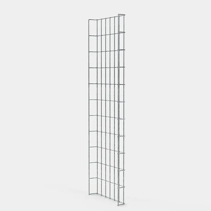 Gabiona Rankgitter - L x B x H: 33 x 5 x 110 cm, Silber, Stahl, Maschenbreite: 5 cm, Maschenhöhe: 10 cm - Nahaufnahme eines hochformatigen, metallenen Regalsystems mit rechteckigen Fächern auf neutralem Hintergrund.