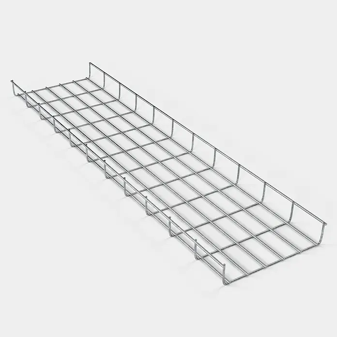 Gabiona Rankgitter - L x B x H: 28 x 5 x 110 cm, Silber, Stahl, Maschenbreite: 5 cm, Maschenhöhe: 10 cm - Draufsicht einer rechteckigen Drahtgitterrinne aus Metall. Sie wird zur Kabelführung verwendet und ist auf einem hellgrauen Hintergrund platziert.