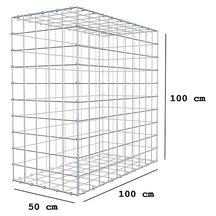 Gabiona Gabione - 100 x 50 x 100 cm, Maschenbreite: 10 cm, Maschenhöhe: 10 cm - Abbildung eines Gabionenkorbs mit den Maßen 100 cm Höhe, 100 cm Länge und 50 cm Breite, ideal für Gartengestaltung und Landschaftsbau.