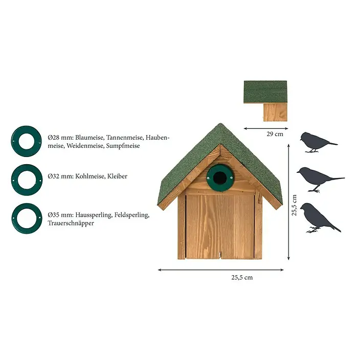 Dobar Nistkasten Räuberschutz - 25,5 x 29 x 25,5 cm, Natur/Grün, Holz - Abbildung eines Nistkastens mit drei Lochscheiben und Größenangaben für verschiedene Vogelarten.