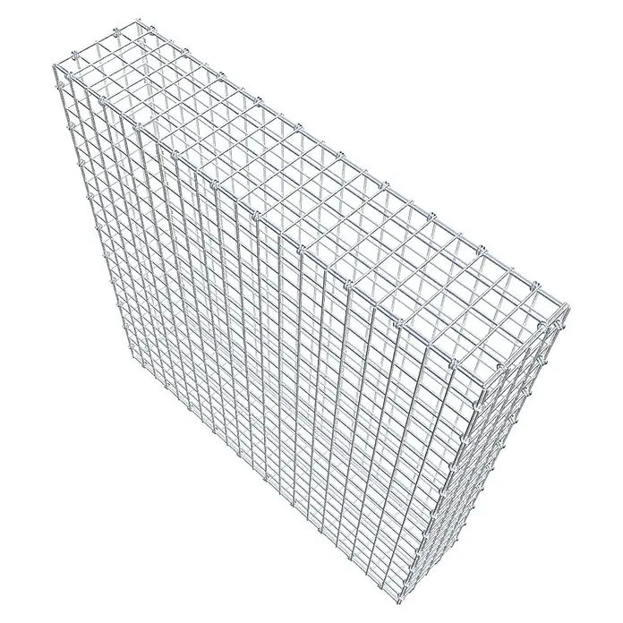 Gabiona Gabione - 100 x 20 x 100 cm, Maschenbreite: 5 cm, Maschenhöhe: 5 cm - Das Bild zeigt einen rechteckigen Gabionenkorb aus verzinktem Drahtgeflecht, ideal für Gartenmauern oder Hangbefestigungen. Die Konstruktion ist stabil und langlebig.