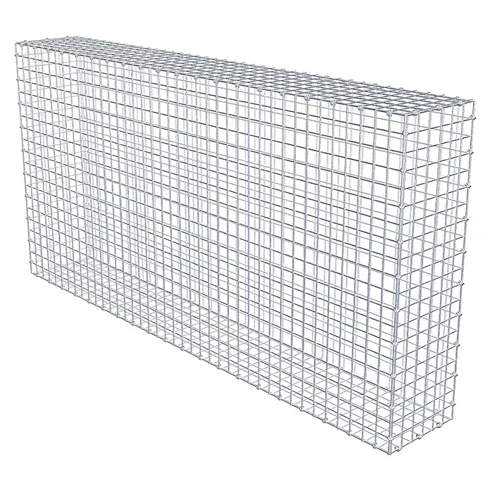 Gabiona Gabione - 200 x 30 x 100 cm, Maschenbreite: 5 cm, Maschenhöhe: 5 cm - Das Bild zeigt einen Gabionenkorb aus Drahtgeflecht, der typischerweise für den Landschaftsbau verwendet wird. Der Korb ist leer und unbefüllt.