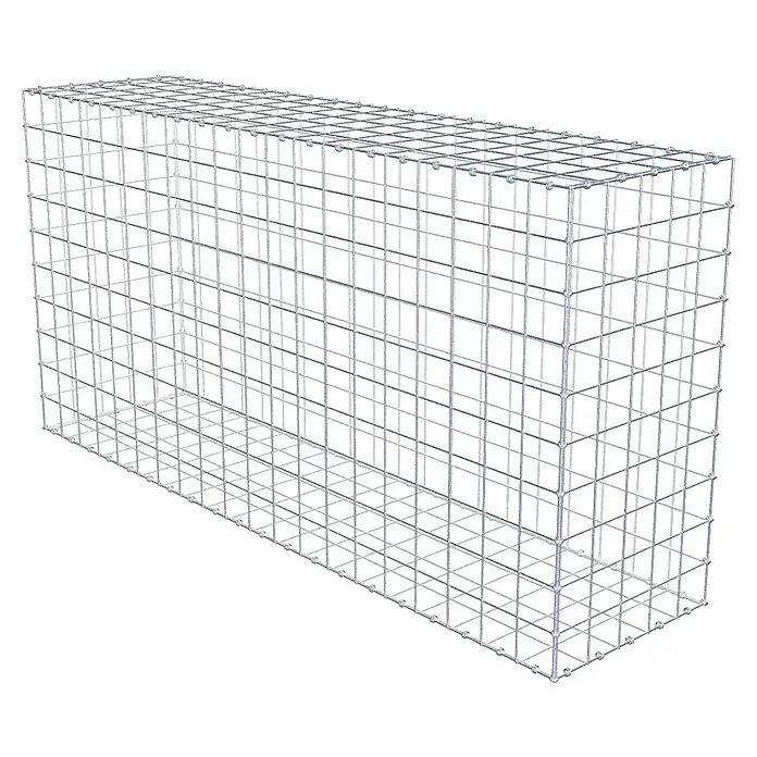 Gabiona Gabione - 200 x 50 x 100 cm, Maschenbreite: 10 cm, Maschenhöhe: 10 cm - Das Bild zeigt einen Gabionenkorb aus Drahtgitter, der leer und bereit zur Befüllung ist. Er ist rechteckig und hat eine silberne Farbe.