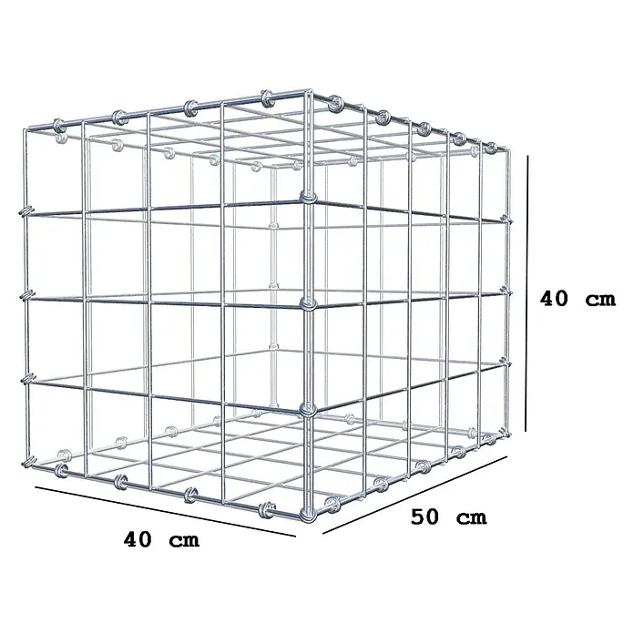 Gabiona Gabione - 50 x 40 x 40 cm, Maschenbreite: 10 cm, Maschenhöhe: 10 cm - Metallgitterbox mit den Maßen 40 cm x 40 cm x 50 cm, ideal für Lagerung und Dekoration. Robuste Konstruktion für vielfältige Anwendungen.