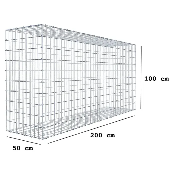 Gabiona Gabione - 200 x 50 x 100 cm, Maschenbreite: 5 cm, Maschenhöhe: 10 cm - Bild einer Gabione mit Abmessungen.