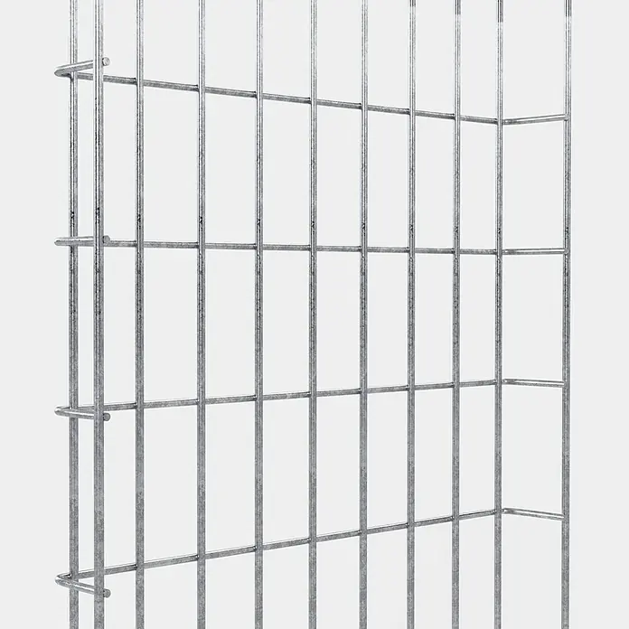 Gabiona Rankgitter - L x B x H: 43 x 5 x 110 cm, Silber, Stahl, Maschenbreite: 5 cm, Maschenhöhe: 10 cm - Nahaufnahme eines Gabionenkorbes aus verzinktem Drahtgitter. Ideal für Gartenmauern und Landschaftsgestaltung.