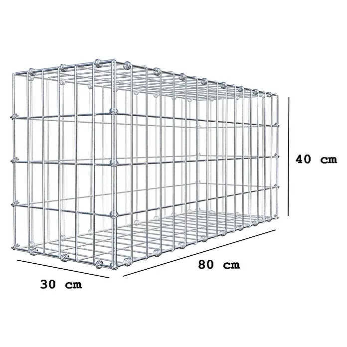 Gabiona Gabione - 80 x 30 x 40 cm, Maschenbreite: 5 cm, Maschenhöhe: 10 cm - Abbildung eines Gabionenkorbs mit den Maßen 80 cm Länge, 30 cm Breite und 40 cm Höhe, ideal für dekorative und funktionale Zwecke im Garten.