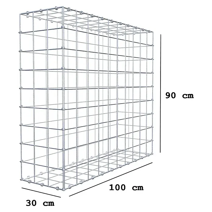 Gabiona Gabione - 100 x 30 x 90 cm, Maschenbreite: 10 cm, Maschenhöhe: 10 cm - Bild eines Gabionenkorbs mit den Maßen 90 cm Höhe, 100 cm Länge und 30 cm Tiefe, ideal für dekorative Garten- und Landschaftsgestaltung.
