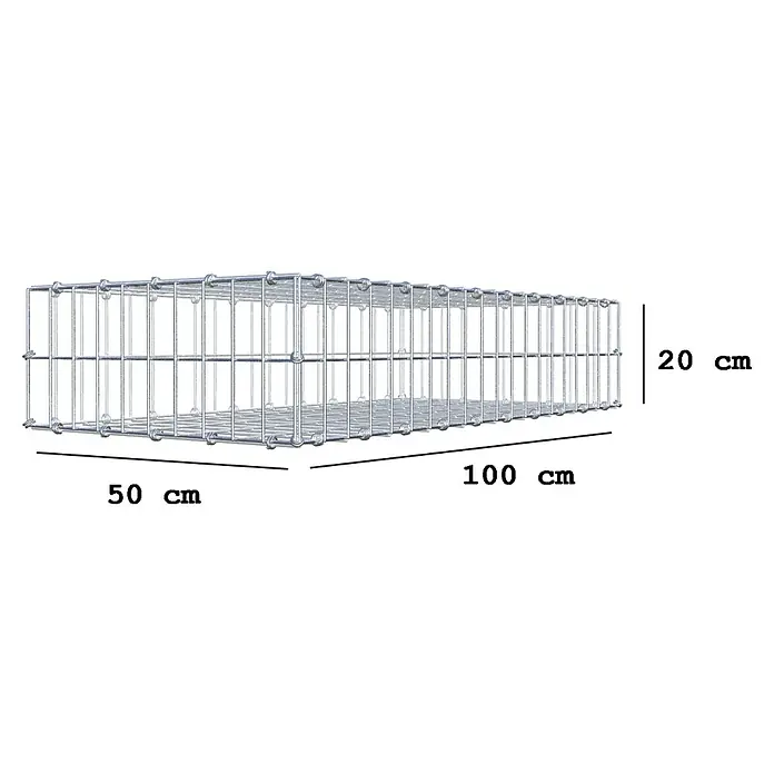 Gabiona Gabione - 100 x 50 x 20 cm, Maschenbreite: 5 cm, Maschenhöhe: 10 cm - Produktbild eines Gabionenkorbs mit den Maßen 100 cm Länge, 50 cm Breite und 20 cm Höhe.