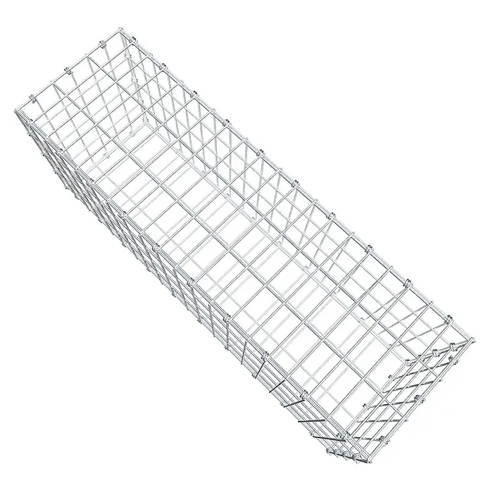 Gabiona Gabione - 100 x 30 x 40 cm, Maschenbreite: 5 cm, Maschenhöhe: 10 cm - Draufsicht eines rechteckigen Gabionenkorbs aus silbernem Drahtgeflecht. Der Korb ist leer und stabil konstruiert.