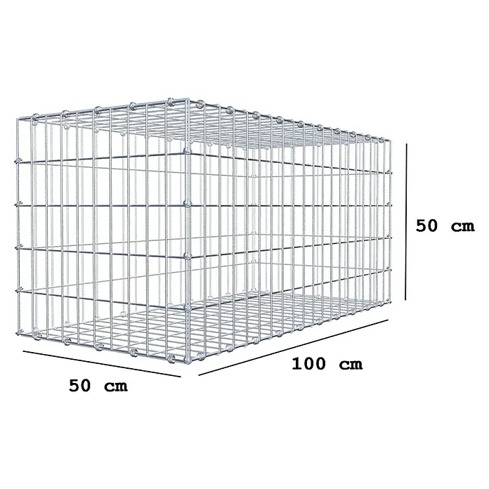 Gabiona Gabione - 100 x 50 x 50 cm, Maschenbreite: 5 cm, Maschenhöhe: 10 cm - Produktdarstellung eines Gabionenkorbs mit den Maßen 100 cm x 50 cm x 50 cm. Ideal zur Gartengestaltung und als Sichtschutz.