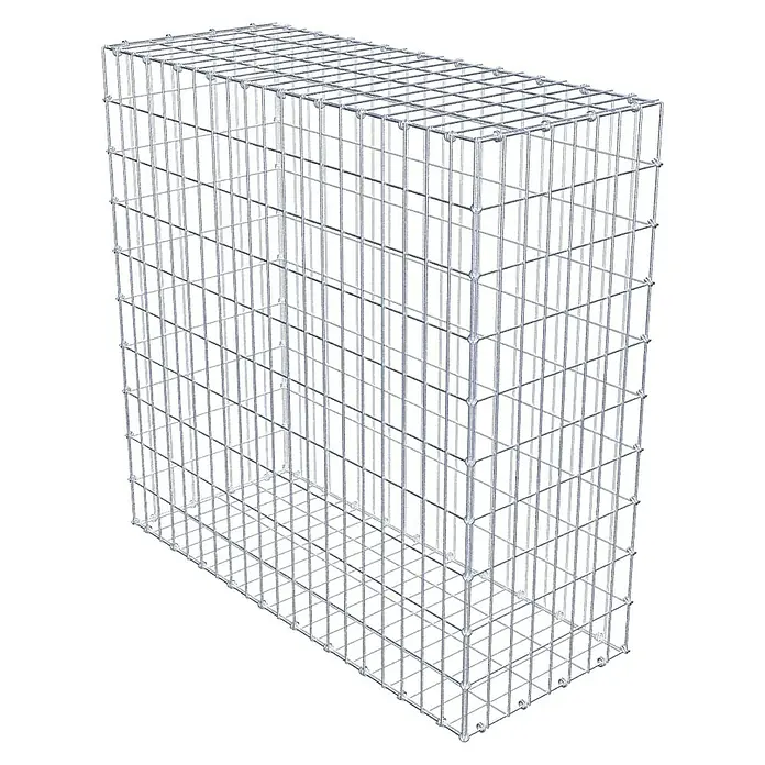 Gabiona Gabione - 100 x 40 x 100 cm, Maschenbreite: 5 cm, Maschenhöhe: 10 cm - Ein rechteckiger Gabionenkorb aus silberfarbenem Drahtgitter, der Stabilität und moderne Optik für Garten- und Landschaftsbau bietet.
