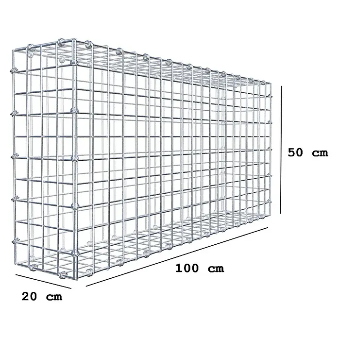 Gabiona Gabione - 100 x 20 x 50 cm, Maschenbreite: 5 cm, Maschenhöhe: 5 cm - Produktdarstellung eines Gabionenkorbs mit den Maßen 100 cm x 50 cm x 20 cm. Perfekt für den Garten- und Landschaftsbau, robust und vielseitig.