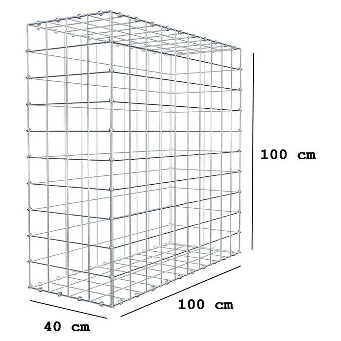 Gabiona Gabione - 100 x 40 x 100 cm, Maschenbreite: 10 cm, Maschenhöhe: 10 cm - Abbildung eines Gabionenkäfigs mit den Maßen 100 x 100 x 40 cm. Er ist leer und aus Drahtgitter gefertigt.