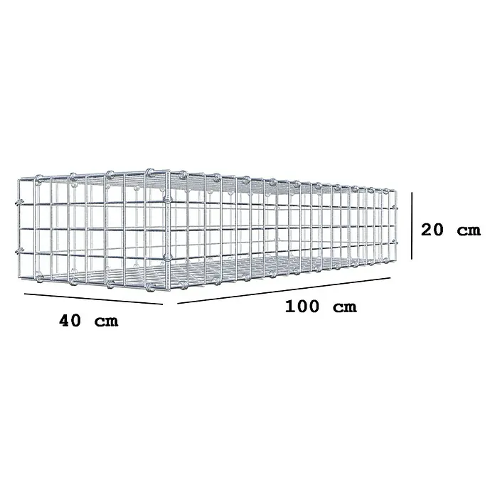 Gabiona Gabione - 100 x 40 x 20 cm, Maschenbreite: 5 cm, Maschenhöhe: 5 cm - Eine rechteckige Gabione aus Drahtgeflecht mit den Maßen 40x100x20 cm, ideal für Gartenbau und Landschaftsgestaltung.