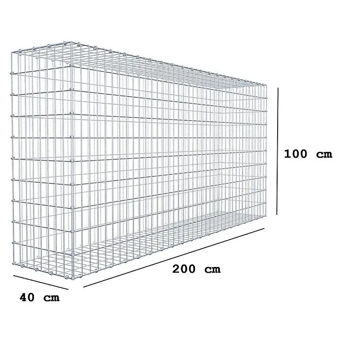 Gabiona Gabione - 200 x 40 x 100 cm, Maschenbreite: 5 cm, Maschenhöhe: 10 cm - Abbildung eines Gabionenkäfigs mit den Maßen 200 cm Länge, 100 cm Höhe und 40 cm Breite.