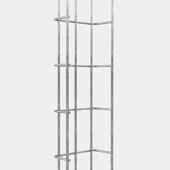 Gabiona Rankgitter - L x B x H: 13 x 5 x 110 cm, Silber, Stahl, Maschenbreite: 5 cm, Maschenhöhe: 10 cm - Das Bild zeigt eine verzinkte Gabionenstruktur. Die Struktur besteht aus vertikalen und horizontalen Metalldrähten, die ein Gittermuster bilden.