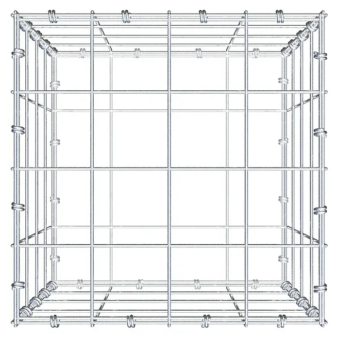 Gabiona Gabione - 40 x 40 x 40 cm, Maschenbreite: 10 cm, Maschenhöhe: 10 cm - Draufsicht auf einen Gabionenkorb, ein Drahtgitter für Steine, mit stabilen Verbindungen an den Ecken und klaren Linien.