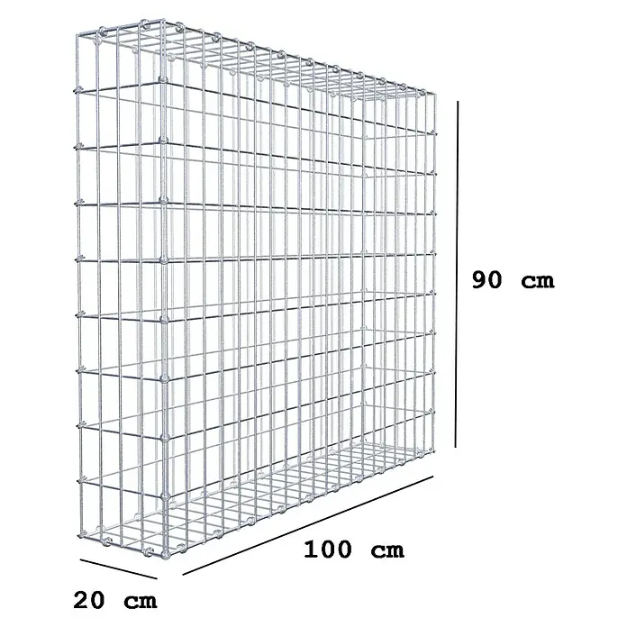 Gabiona Gabione - 100 x 20 x 90 cm, Maschenbreite: 5 cm, Maschenhöhe: 10 cm - Produktabbildung eines Gabionenkorbs mit den Maßen 100x20x90 cm. Der Drahtkorb ist leer und bereit zur Befüllung mit Steinen oder anderen Materialien.